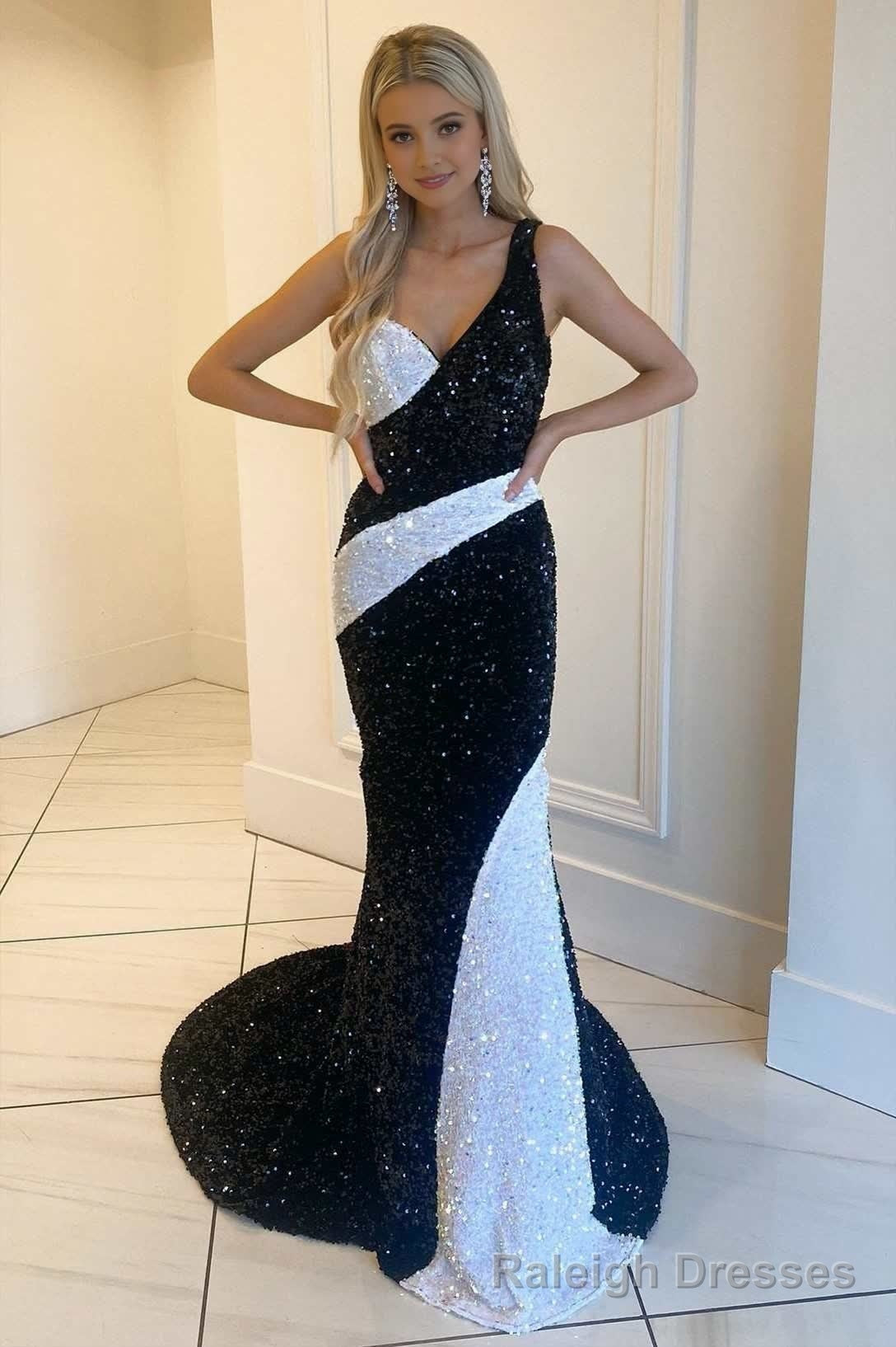 Black and White Sequin One Shoulder Mermaid Long Prom Gowm Main image