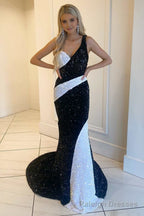Black and White Sequin One Shoulder Mermaid Long Prom Gowm