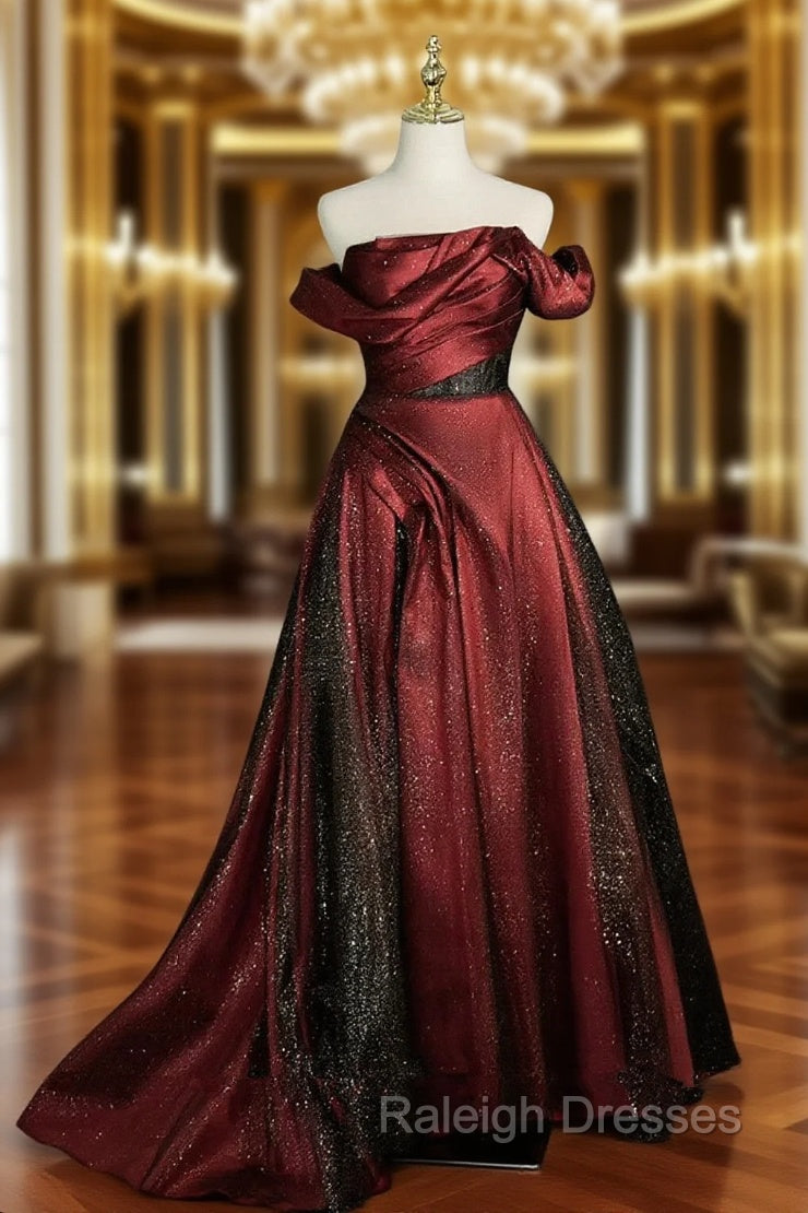 Black and Wine Red Satin Off Shoulder Formal Dress, A Line Long Prom Dress Main image