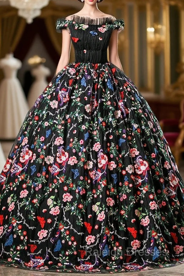 Black Ball Gown Embroidery Off the Shoulder Quinceanera Dress