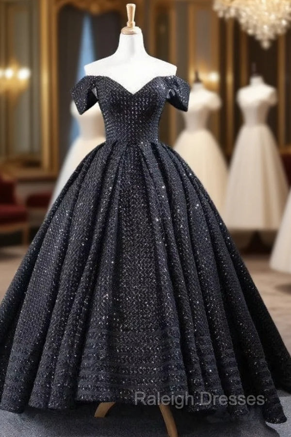 Black Ball Gown  Sequins Off the Shoulder Prom Dress Main image