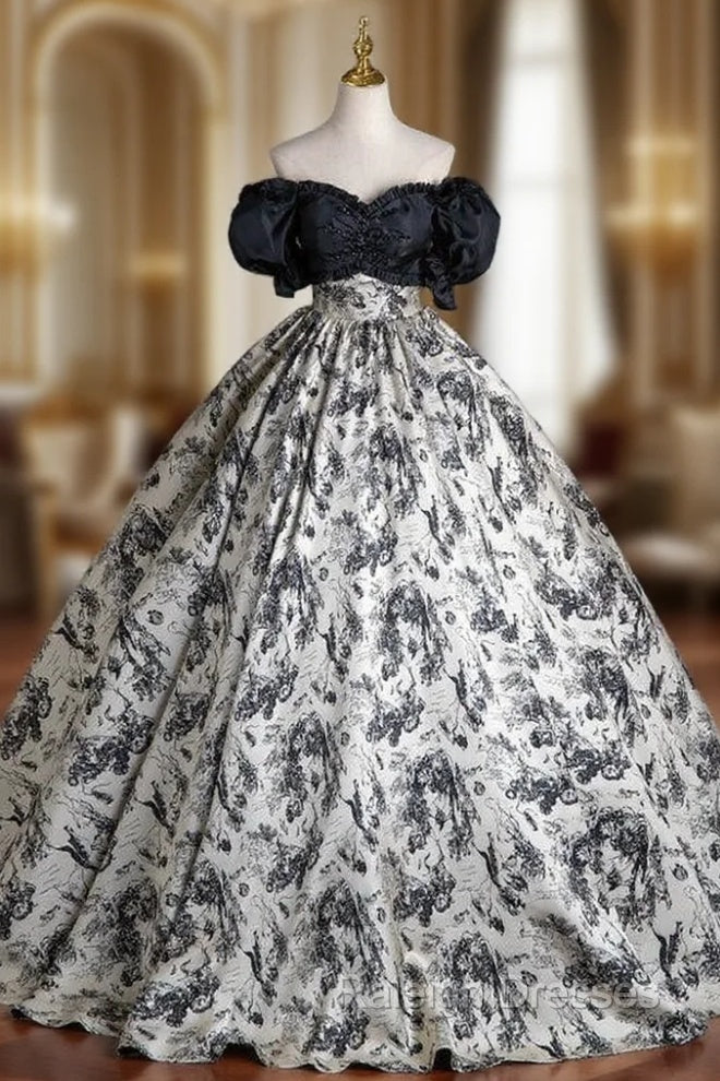 Black Ball Gown Print Puff Sleeve Pleats Quinceanera Dress