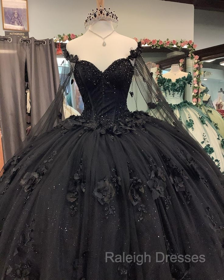Black Ball Gown Quinceanera Dresses with Flowers