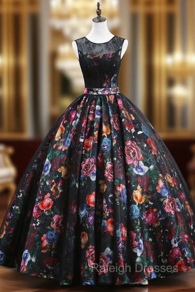 Black Ball Gown Satin Print Lace Backless Quinceanera Dresses