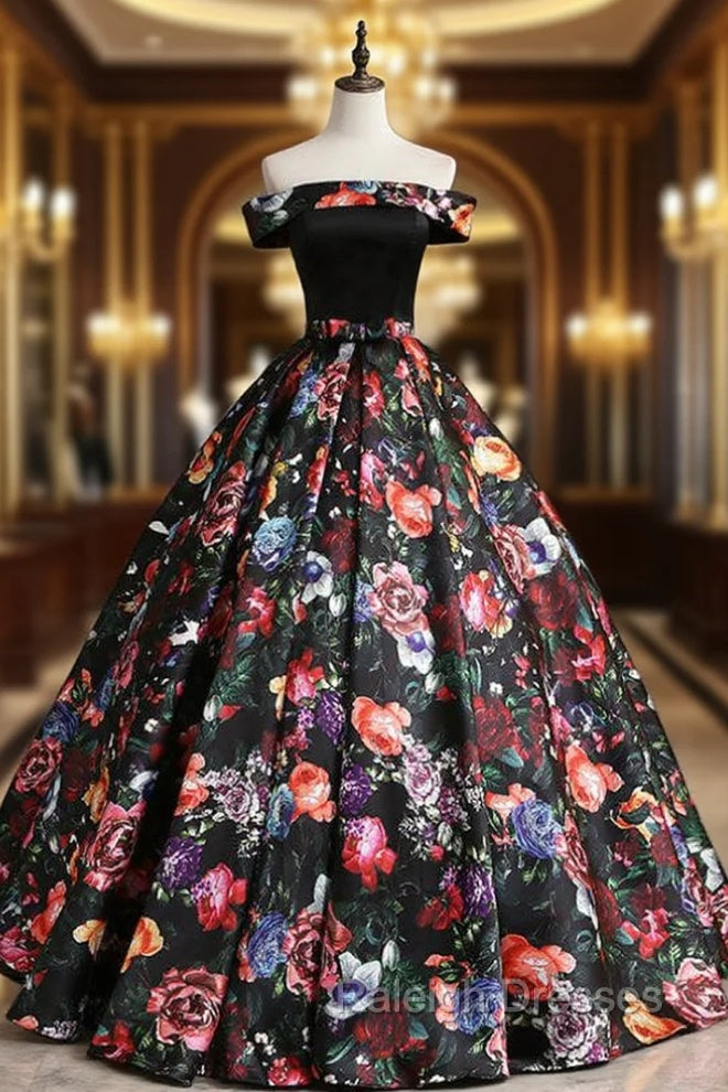 Black Ball Gown Satin Print Off the Shoulder Quinceanera Dresses Main image