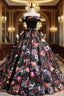 Black Ball Gown Satin Print Off the Shoulder Quinceanera Dresses