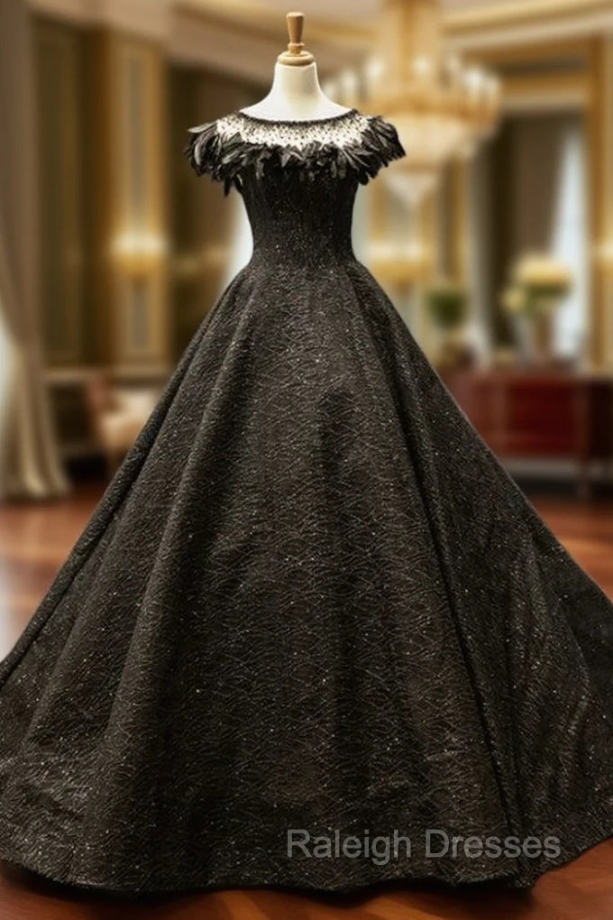 Black Ball Gown Sequins Beading Bateau Prom Dress With Feather