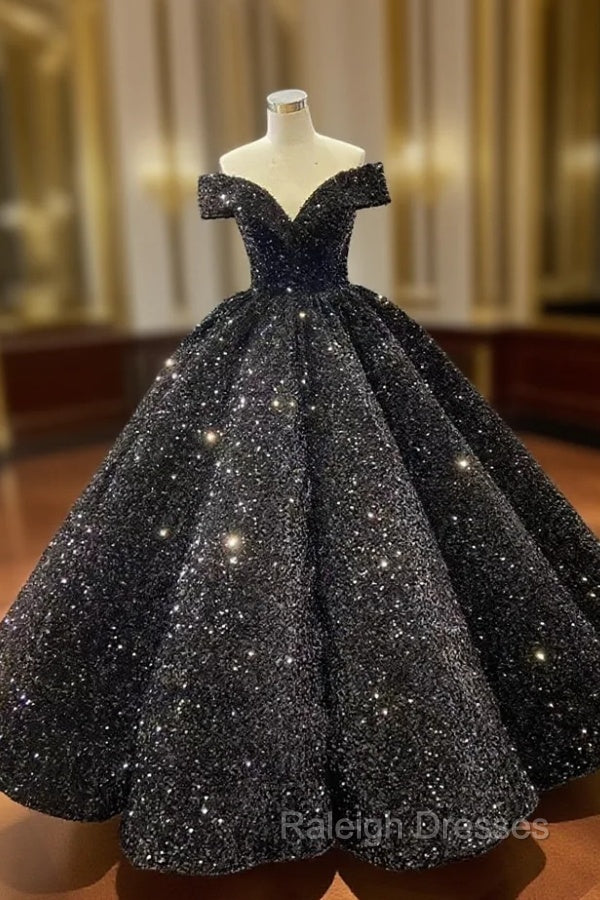 Black Ball Gown Sequins Off the Shoulder prom Dress Main image