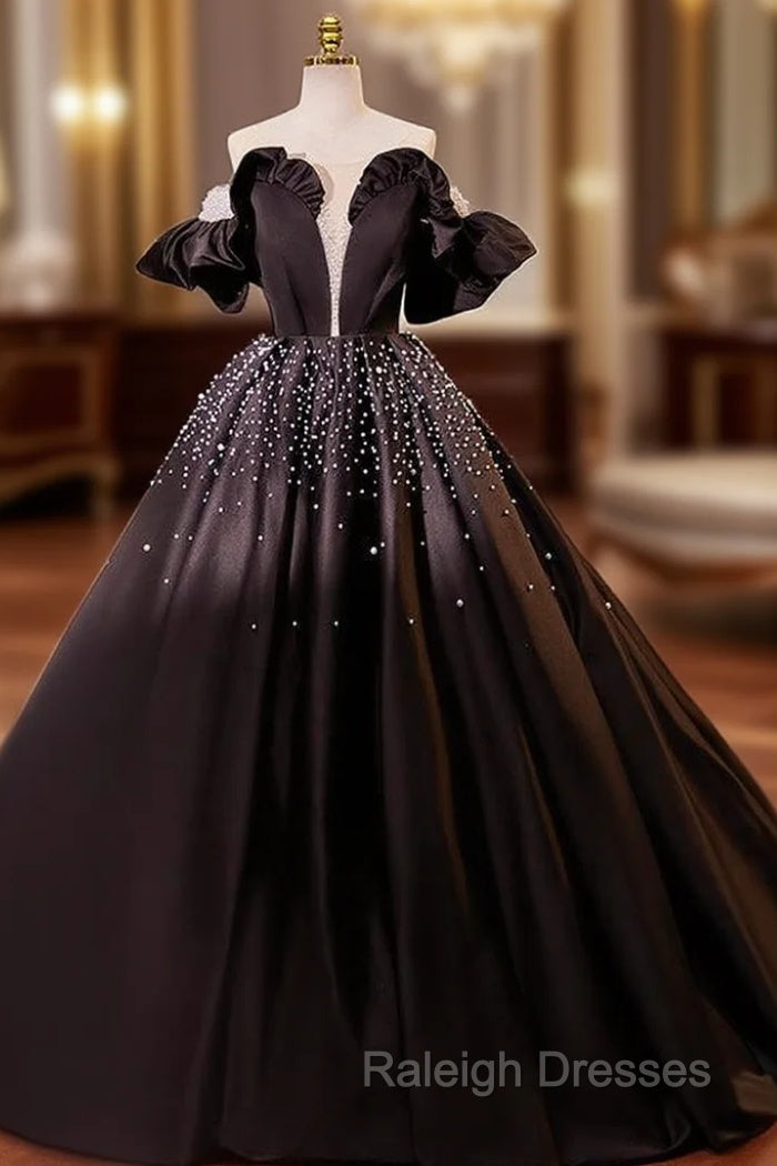 Black Ball Gown Short Sleeve Pearls Quinceanera Dress