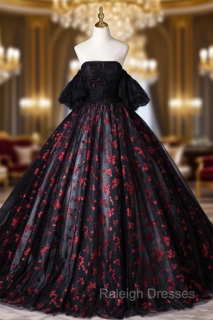 Black Ball Gown Strapless Embroidery Quinceanera Dress