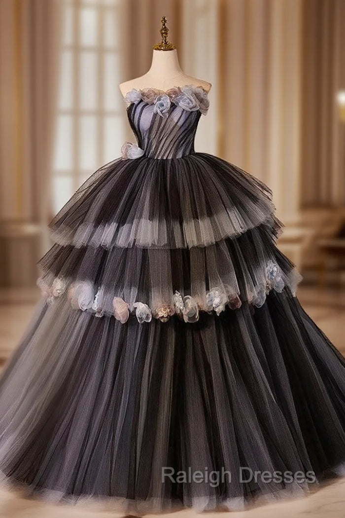 Black Ball Gown Strapless Flower Pleats Prom Dress Main image