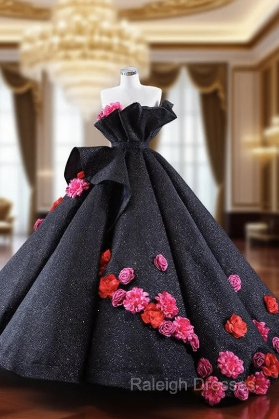 Black Ball Gown Strapless Flower Prom Dress Main image