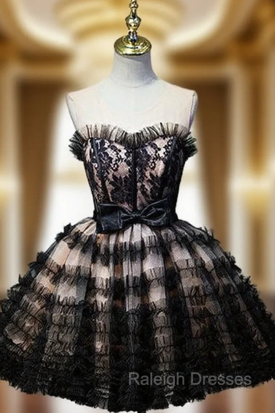 Black Ball Gown Sweetheart Tulle Lace up Bow Homecoming Dresses Main image