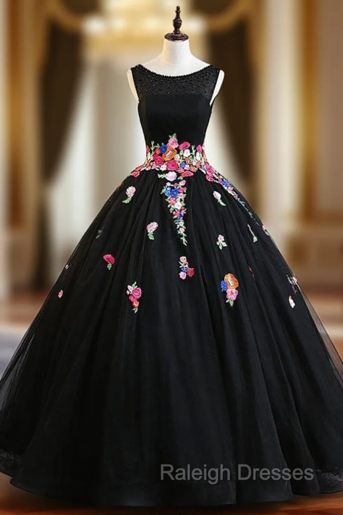 Black Ball Gown Tulle Bateau Backless Appliques Sweet 16 Dresses Main image