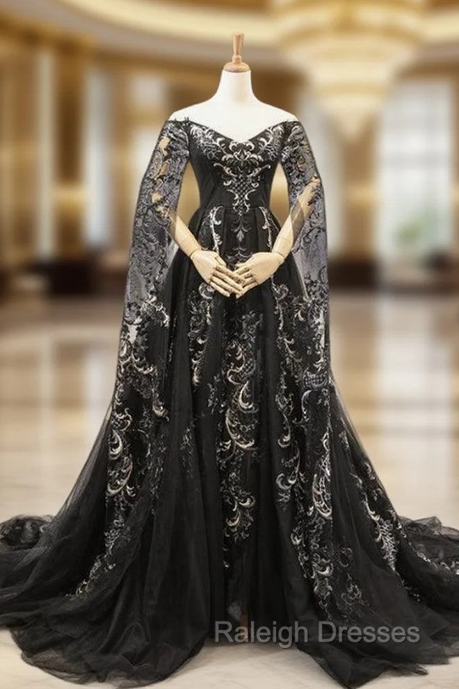 Black Ball Gown Tulle Off the Shoulder Long Sleeve Prom Dress With Appliques Main image