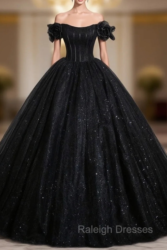 Black Ball Gown Tulle Sequins Off the Shoulder Quinceanera Dress