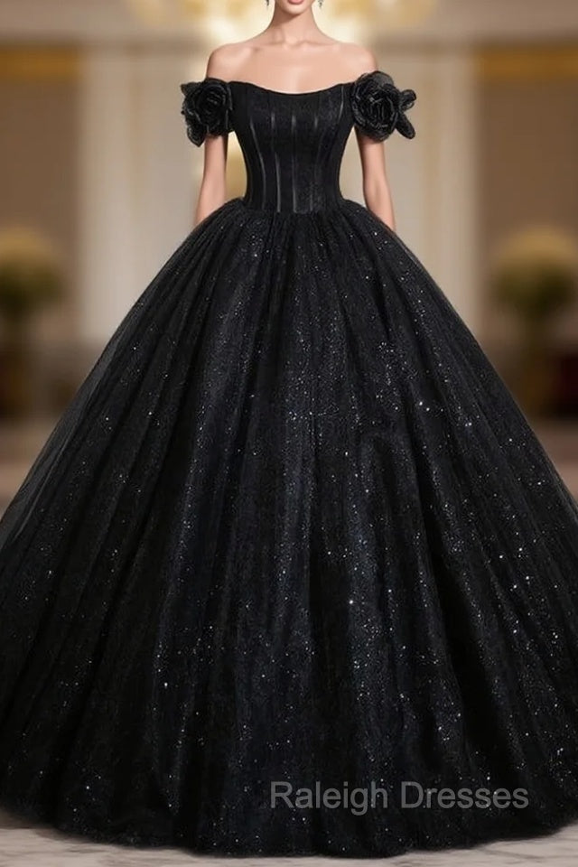 Black Ball Gown Tulle Sequins Prom Dress