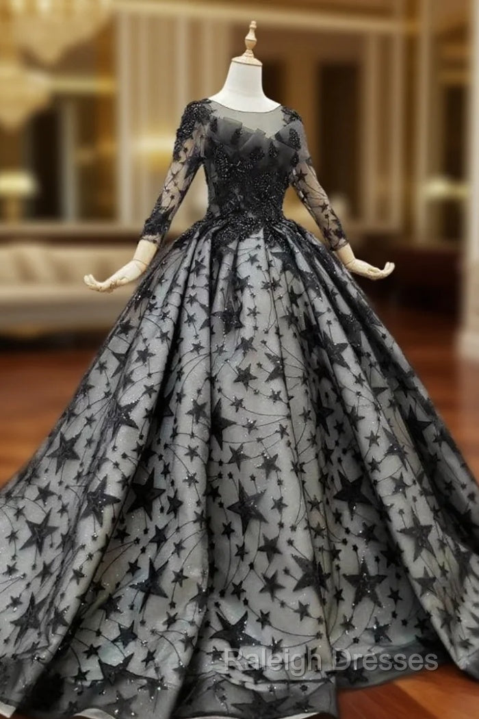 Black Ball Gown Tulle Star Sequins Long Sleeve Wedding Dress