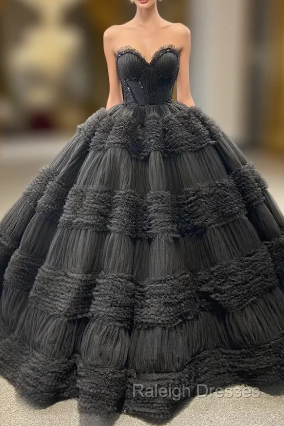 Black Ball Gown Tulle Sweetheart Beading Prom Dress