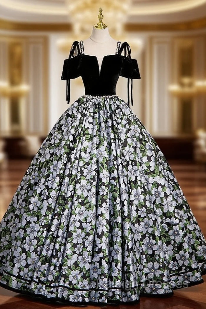 Black Ball Gown Velvet Print Quinceanera Dress