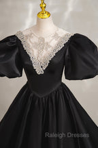 Black Ball Gown with Beaded, Black Short Sleeve Formal Evening Dress