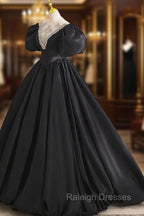 Black Ball Gowns with Beaded, Black Short Sleeve Formal Prom Dress