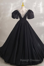 Black Ball Gowns with Beaded, Black Short Sleeve Formal Prom Dress