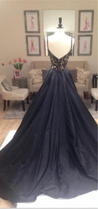 Black Beaded Lace Off Shoulder Formal Prom Dress-Elegant V-Neck V-Back Prom Gown