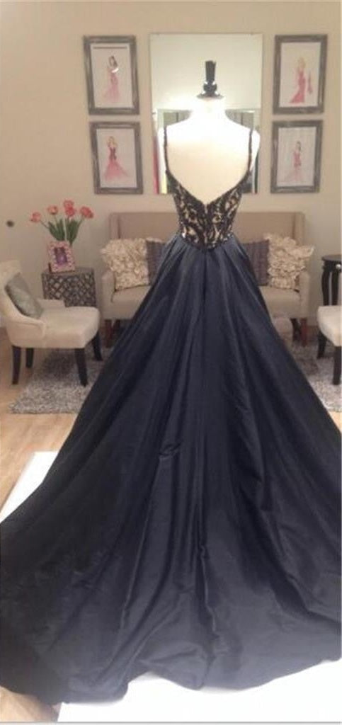Black Beaded Lace Off Shoulder Formal Prom Dress-Elegant V-Neck V-Back Prom Gown