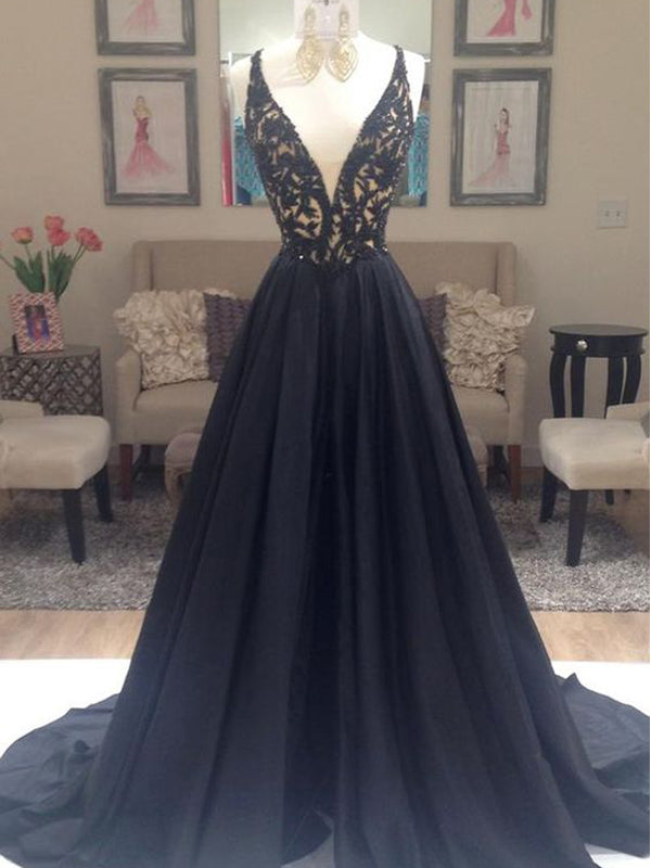 Black Beaded Lace Off Shoulder Formal Prom Dress-Elegant V-Neck V-Back Prom Gown Main image