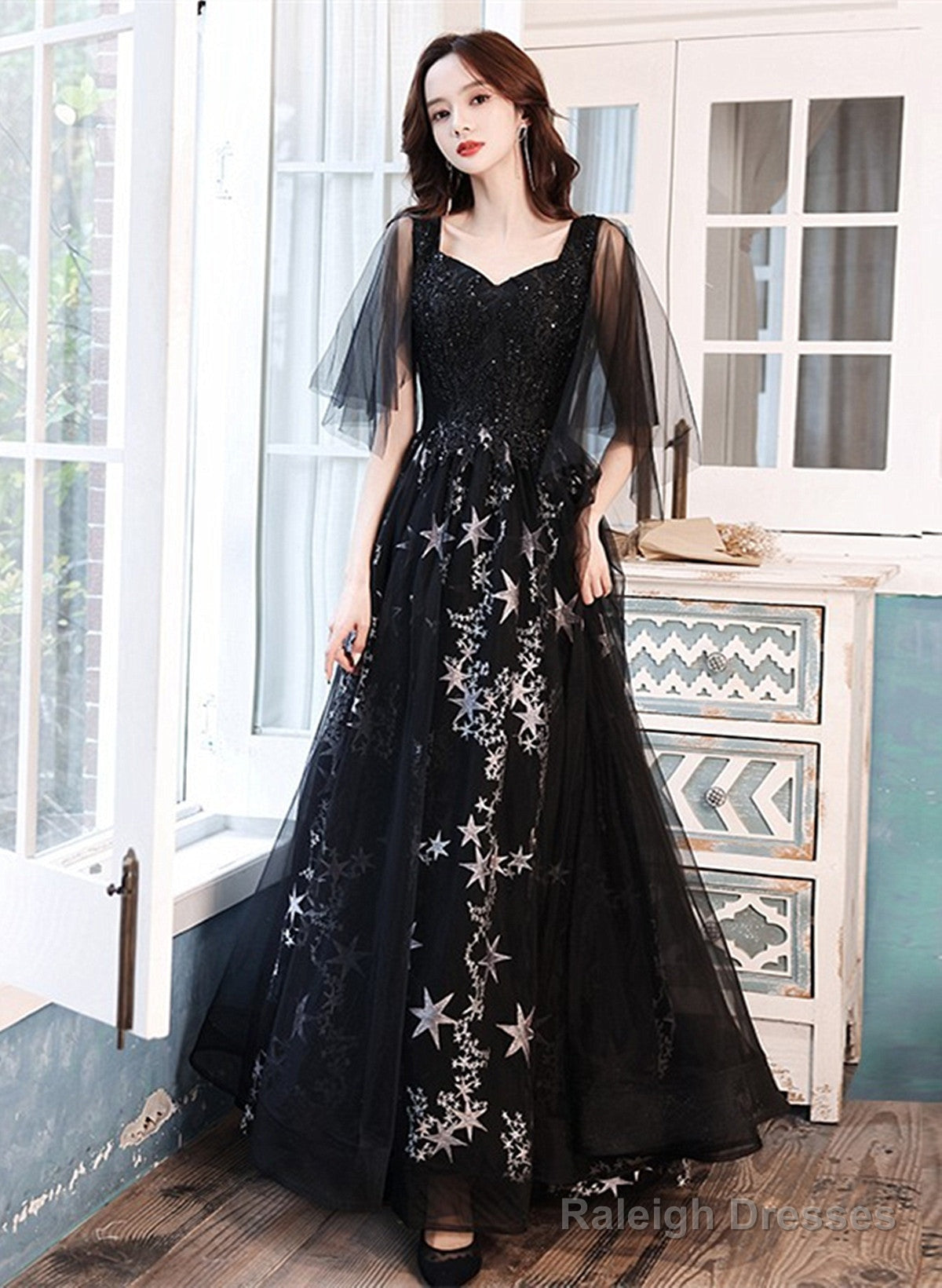 Black Beaded Straps A-Line Floor Length Party Dress, Black Tulle Long Prom Dress Main image