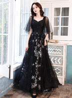 Black Beaded Straps A-Line Floor Length Party Dress, Black Tulle Long Prom Dress