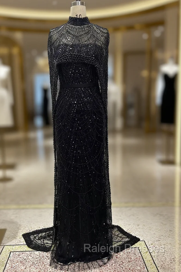 Black Beading Prom Dresses Sweep Train High Neck Zipper Sleeveless Evening Dresses Main image