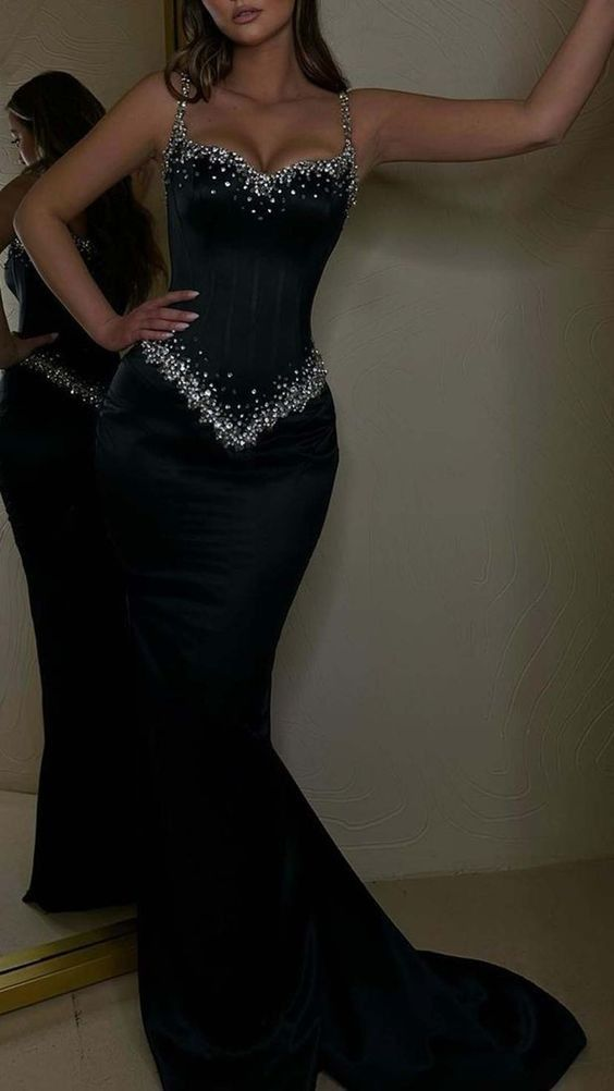 Black Beading Spaghetti Strap Elegant Sleeveless Mermaid Prom Dresses Eveing Gowns Main image