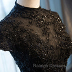 Black Cap Sleeves Long Tulle Party Dress, Black Prom Dress