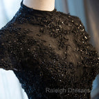Black Cap Sleeves Long Tulle Prom Dress, Black Prom Dress