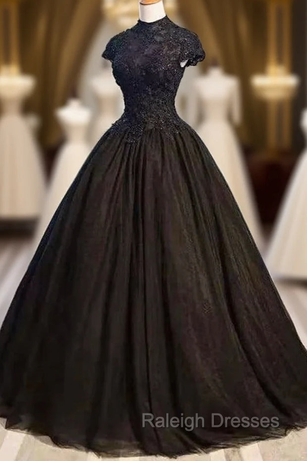 Black Cap Sleeves Long Tulle Prom Dress, Black Prom Dress