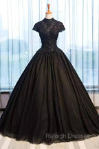 Black Cap Sleeves Long Tulle Party Dress, Black Prom Dress