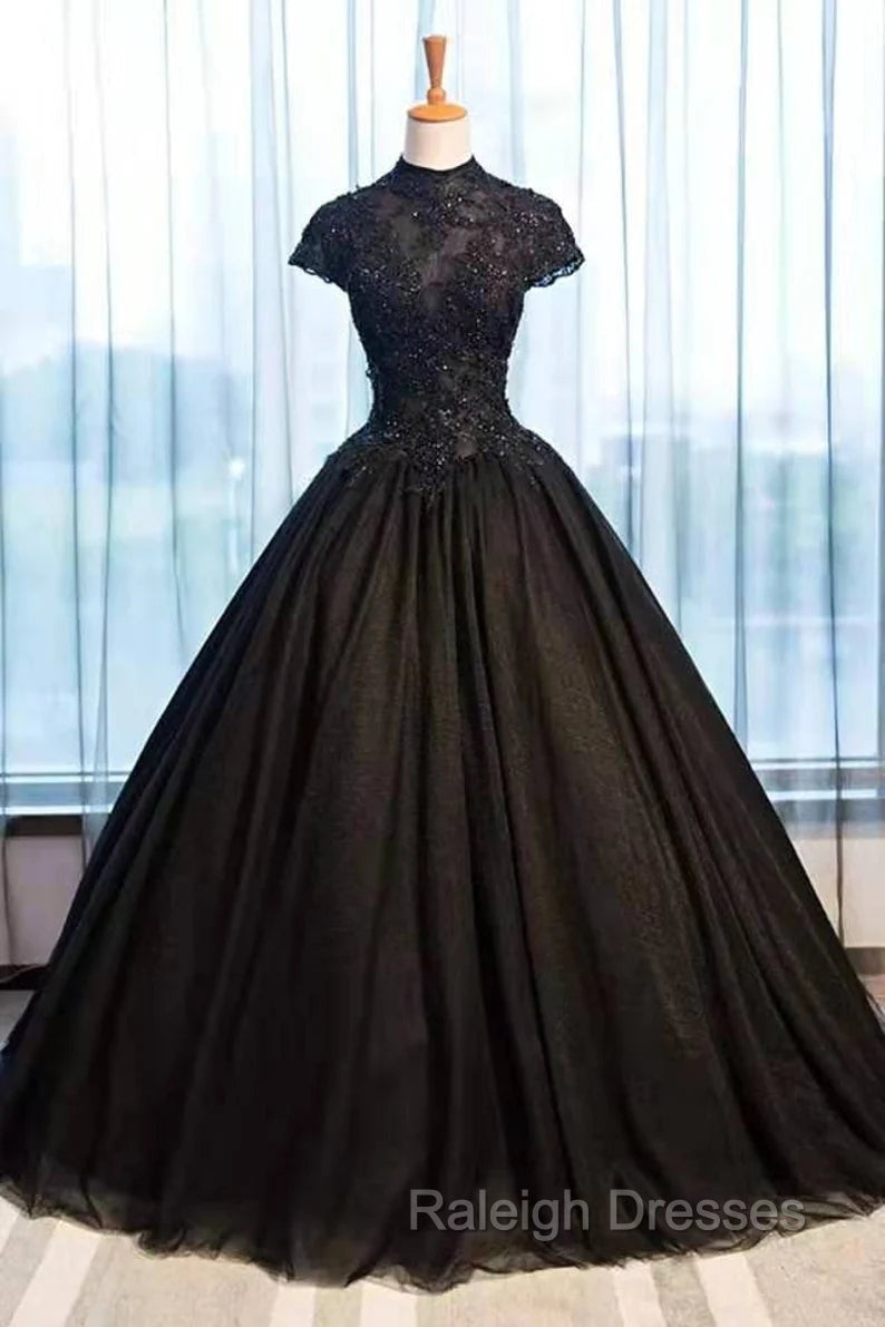 Black Cap Sleeves Long Tulle Party Dress, Black Prom Dress