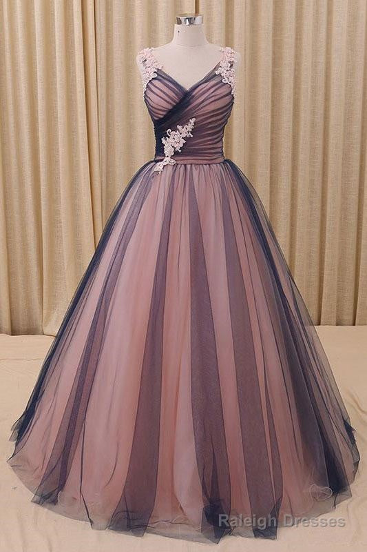Black & Champagne V Neck Simple Tulle Long Prom Dress Main image
