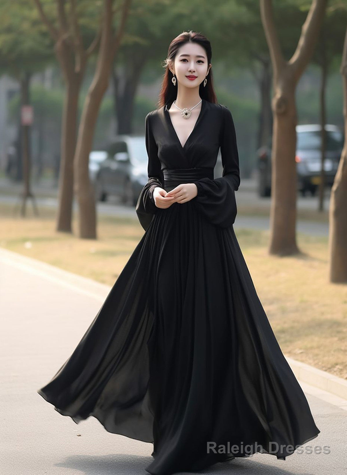 Black Chiffon Long Sleeves V-Neckline Party Dress, Black Formal Dress Evening Dress Main image