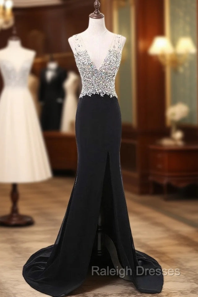 Black Chiffon Mermaid V Neck Prom Dress