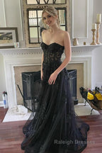 Black Corset A Line Tulle Long Prom Dress with Lace