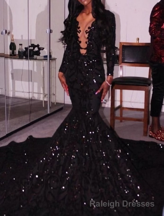 Black Deep V Neck Long Prom Dress , Mearmaid Prom Dress Main image