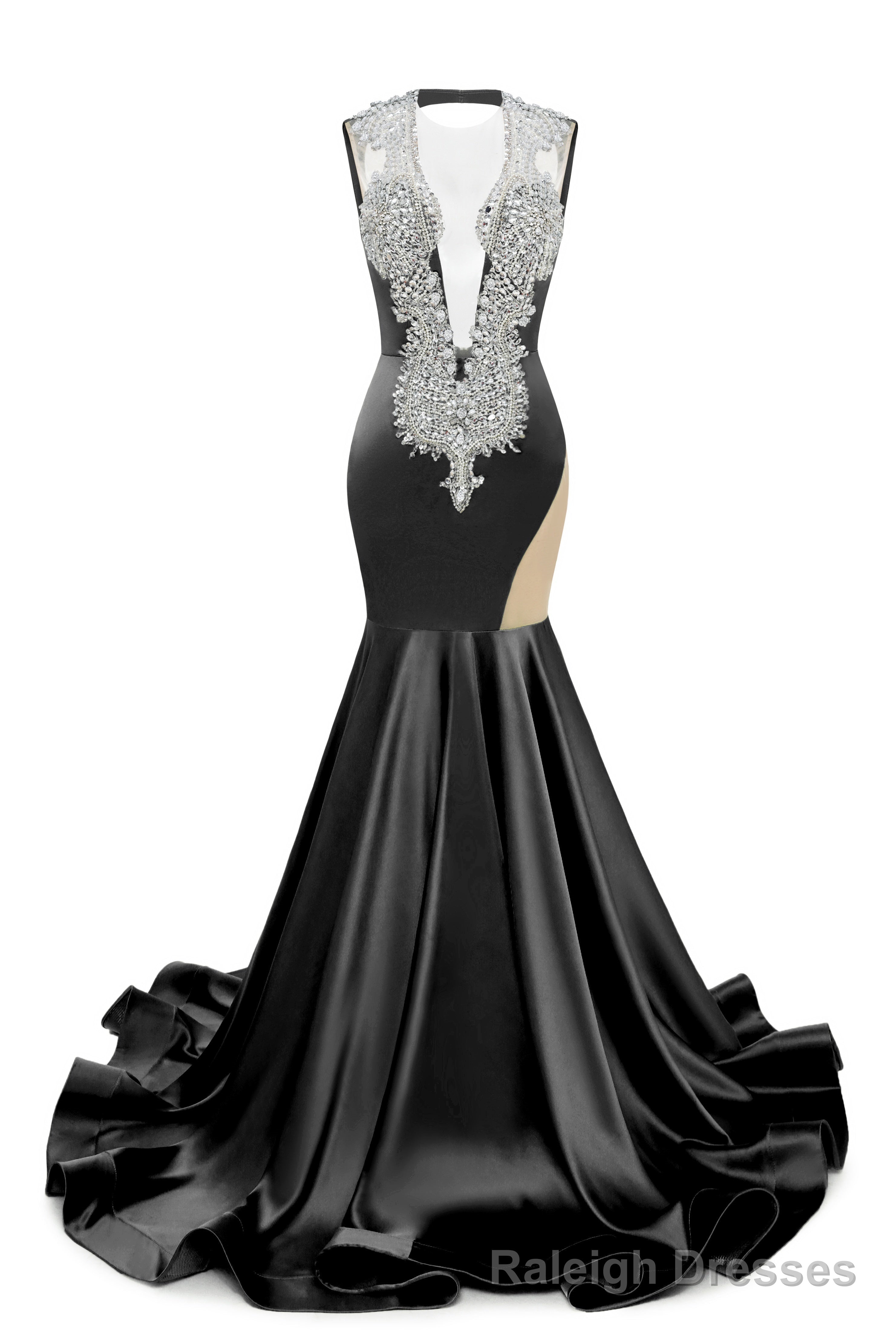 Black Deep V Neck Mermaid Satin Prom Dresses Sparkly Beaded Pageant Crystals Prom Formal Dresses