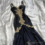 Black Elegant Sweetheart Neck Lace Chiffon Spaghetti Strap Sequin Prom Dress