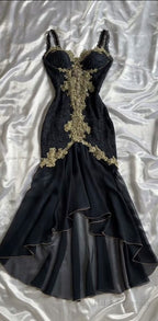 Black Elegant Sweetheart Neck Lace Chiffon Spaghetti Strap Sequin Prom Dress