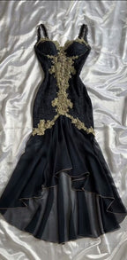 Black Elegant Sweetheart Neck Lace Chiffon Spaghetti Strap Sequin Prom Dresses