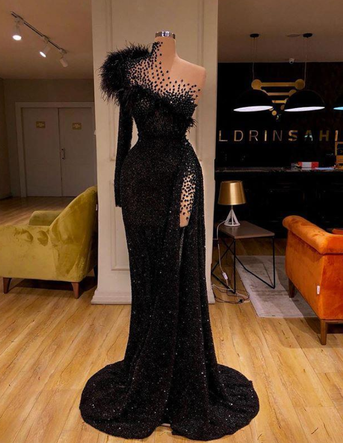 Black Evening Dresses High Neck Side Split Long Sleeve Mermaid Prom Dress Feather Beaded Sexy Special Occasion Gowns Main image