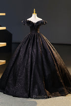 Black Floor Length V-neck Off the Shoulder Formal Dress, Black A-Line Evening Dress